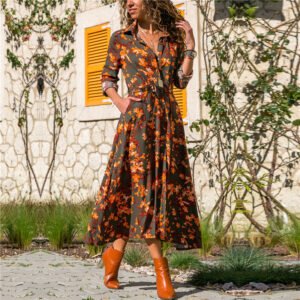 Black Floral V Neck Button Front Maxi Dress
