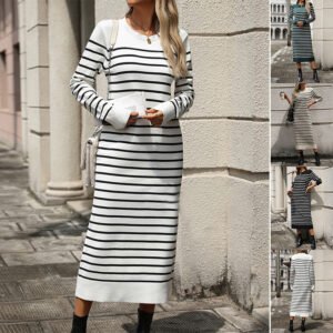 Women’s Striped Long Sleeve Crew Neck Midi Dress