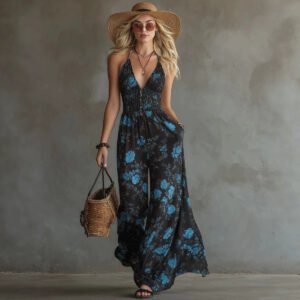 Women’s Blue Floral V-Neck Spaghetti Strap Maxi Dress
