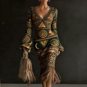 Long Sleeve Printed Fringe Hem Midi Dress