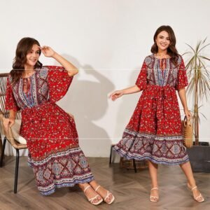 Women’s Red Floral Cotton Midi Dress with Bohemian Print