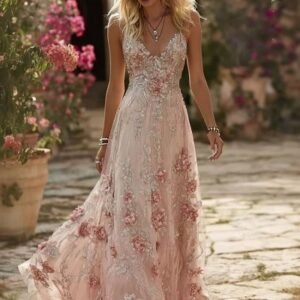 Women’s Pink Floral Lace V-Neck Maxi Dress