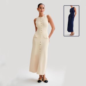 Women’s Sleeveless Button-Front Fitted Maxi Dress