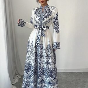 Women's Blue Floral Print Long Sleeve Maxi Dress