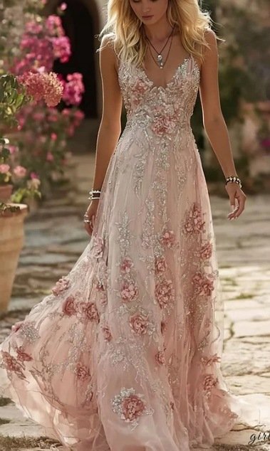Women’s Pink Floral Lace V-Neck Maxi Dress - Image 4