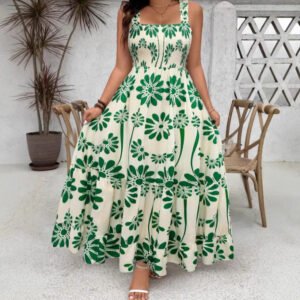 Women’s Green Floral Square Neck A-Line Maxi Dress