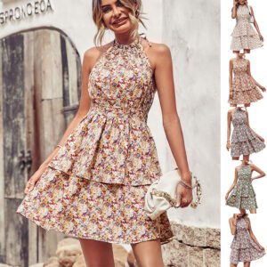 Women's Floral Halter Tiered Mini Dress