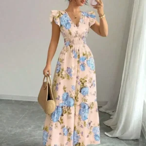Pink Floral Flutter Sleeve Smocked Maxi Dress