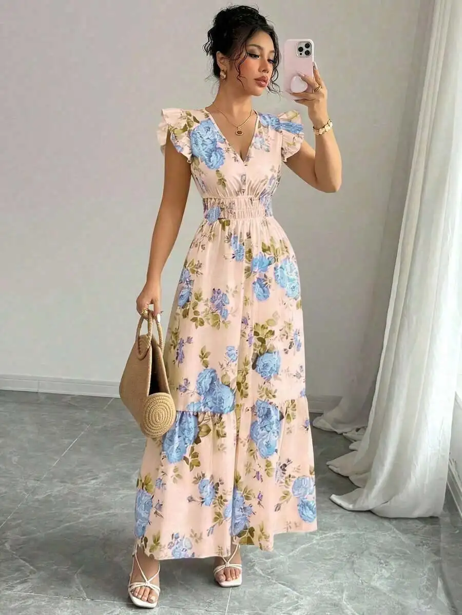 Pink Floral Flutter Sleeve Smocked Maxi Dress