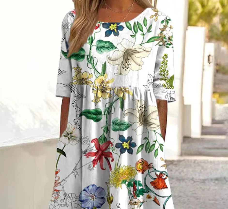 Women's Printed Crew Neck Short Sleeve Dress - Image 5