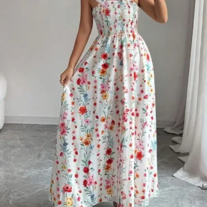 Smocked Floral Ruffle Strap A-Line Maxi Dress