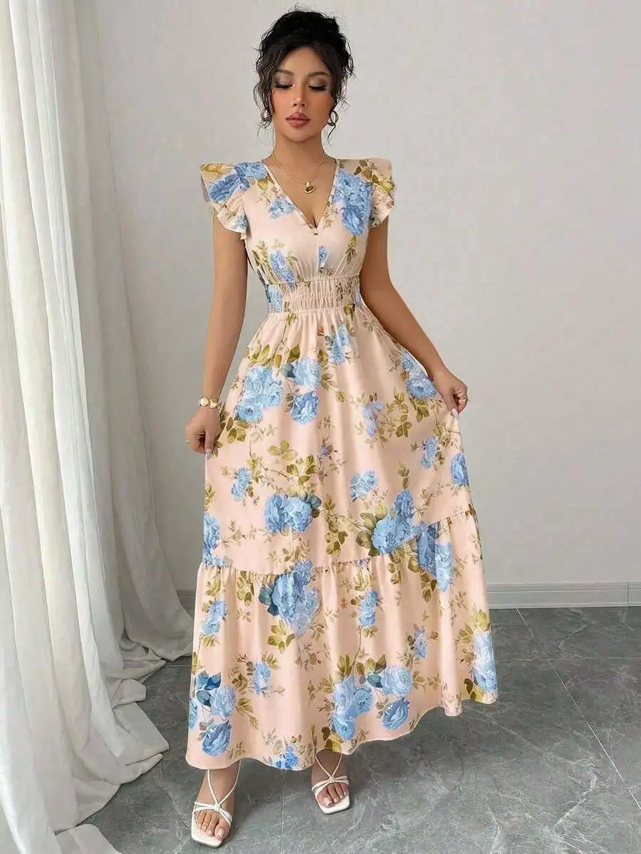 Pink Floral Flutter Sleeve Smocked Maxi Dress - Image 5