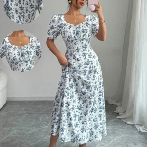 White & Blue Floral Puff Sleeve Maxi Dress