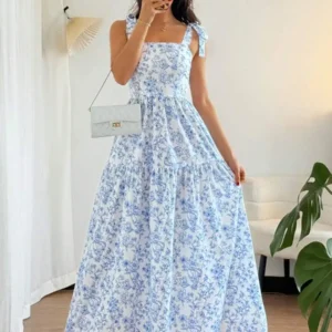 Blue Floral Tie Shoulder Tiered Maxi Dress