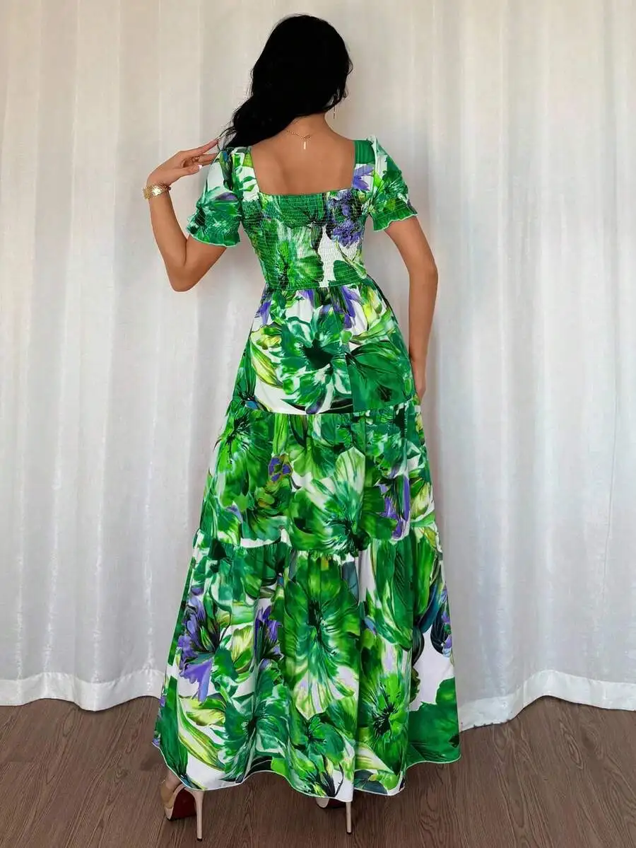 Green Floral Square Neck Short Sleeve Maxi Dress - Image 2