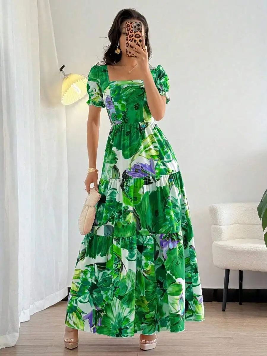 Green Floral Square Neck Short Sleeve Maxi Dress - Image 4