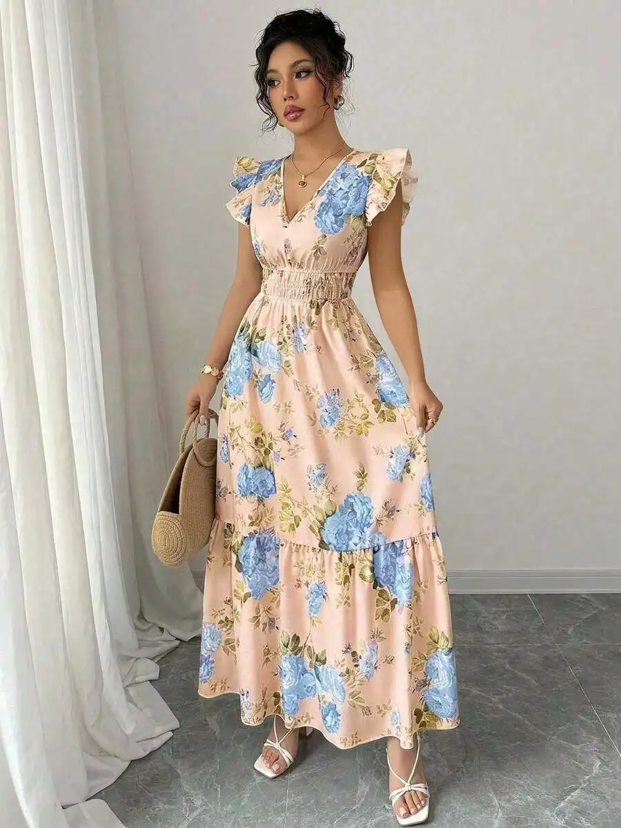 Pink Floral Flutter Sleeve Smocked Maxi Dress - Image 3