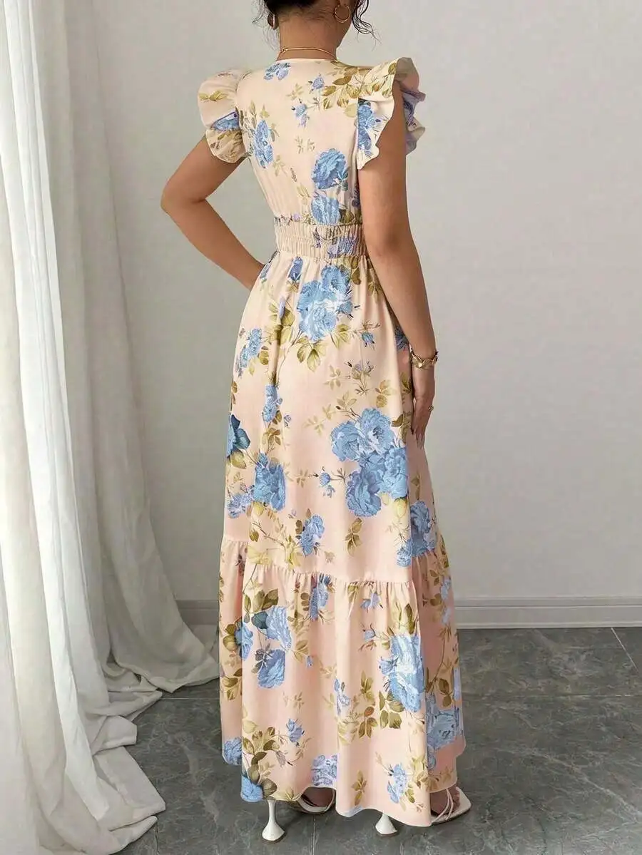 Pink Floral Flutter Sleeve Smocked Maxi Dress - Image 2