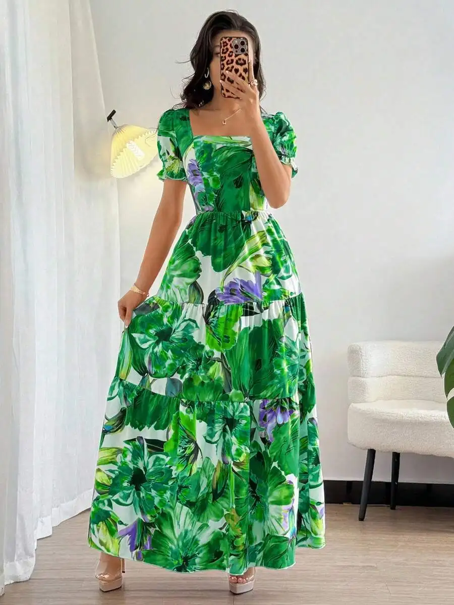 Green Floral Square Neck Short Sleeve Maxi Dress - Image 3