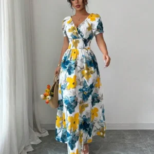 Yellow Floral V Neck Smocked Maxi Dress