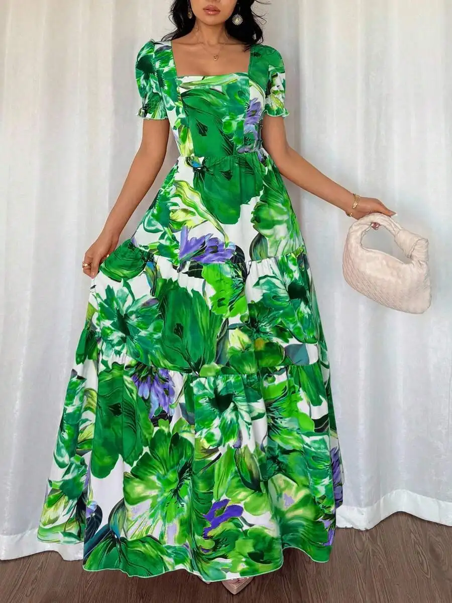Green Floral Square Neck Short Sleeve Maxi Dress - Image 12