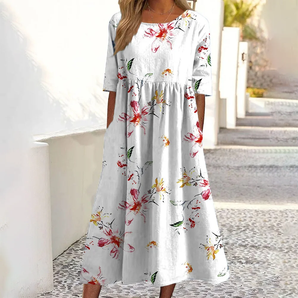 Women's Printed Crew Neck Short Sleeve Dress - Image 3