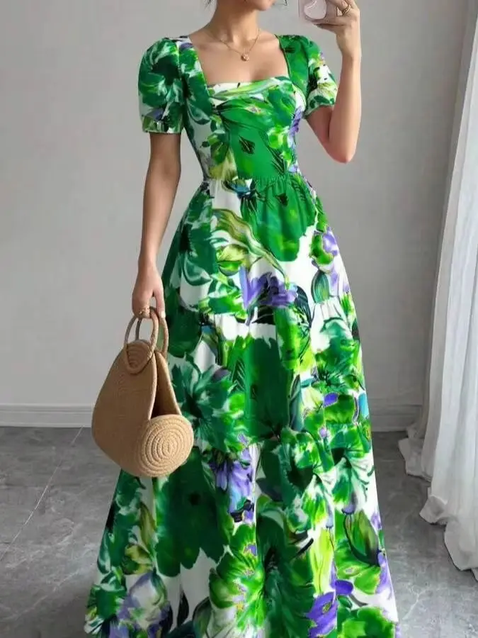 Green Floral Square Neck Short Sleeve Maxi Dress - Image 6