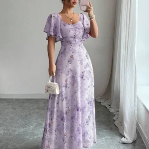 Lavender Floral Flutter Sleeve Ruched Maxi Dress