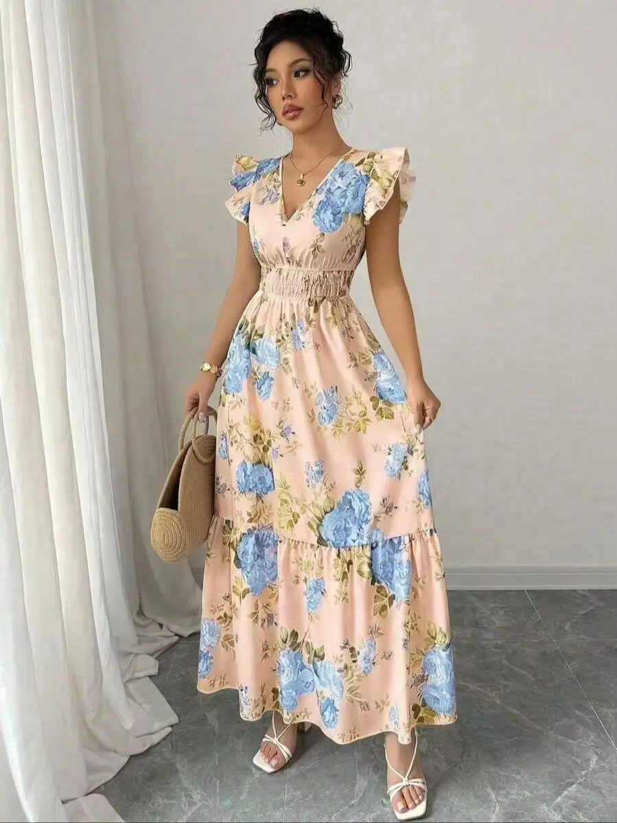 Pink Floral Flutter Sleeve Smocked Maxi Dress - Image 6