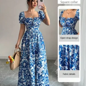 Blue Porcelain Square Neck Puff Sleeve Dress