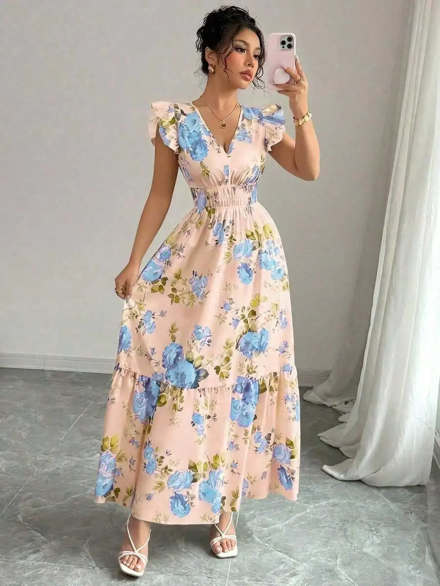 Pink Floral Flutter Sleeve Smocked Maxi Dress - Image 4