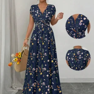 Navy Floral V Neck Short Sleeve Maxi Dress