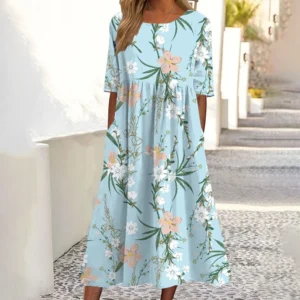 Women's Printed Crew Neck Short Sleeve Dress