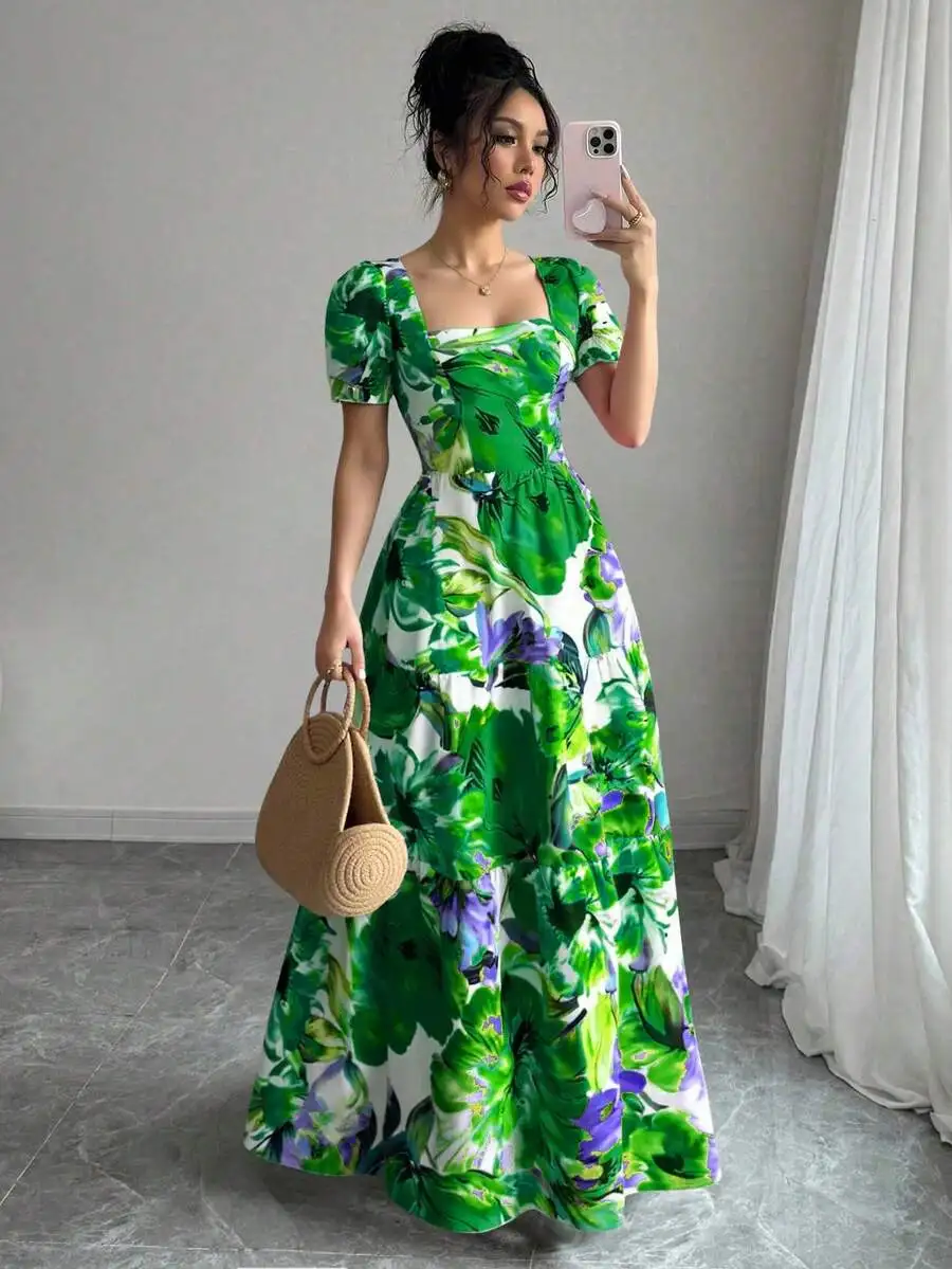 Green Floral Square Neck Short Sleeve Maxi Dress - Image 8