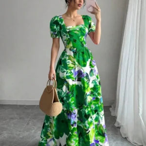 Green Floral Square Neck Short Sleeve Maxi Dress