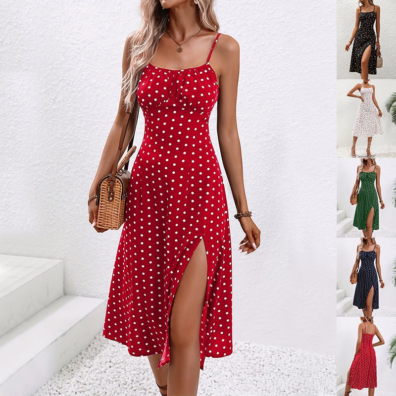 Red Polka Dot Cami Slit Midi Dress
