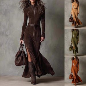 Brown Faux Suede Zipper Belted Maxi Dress