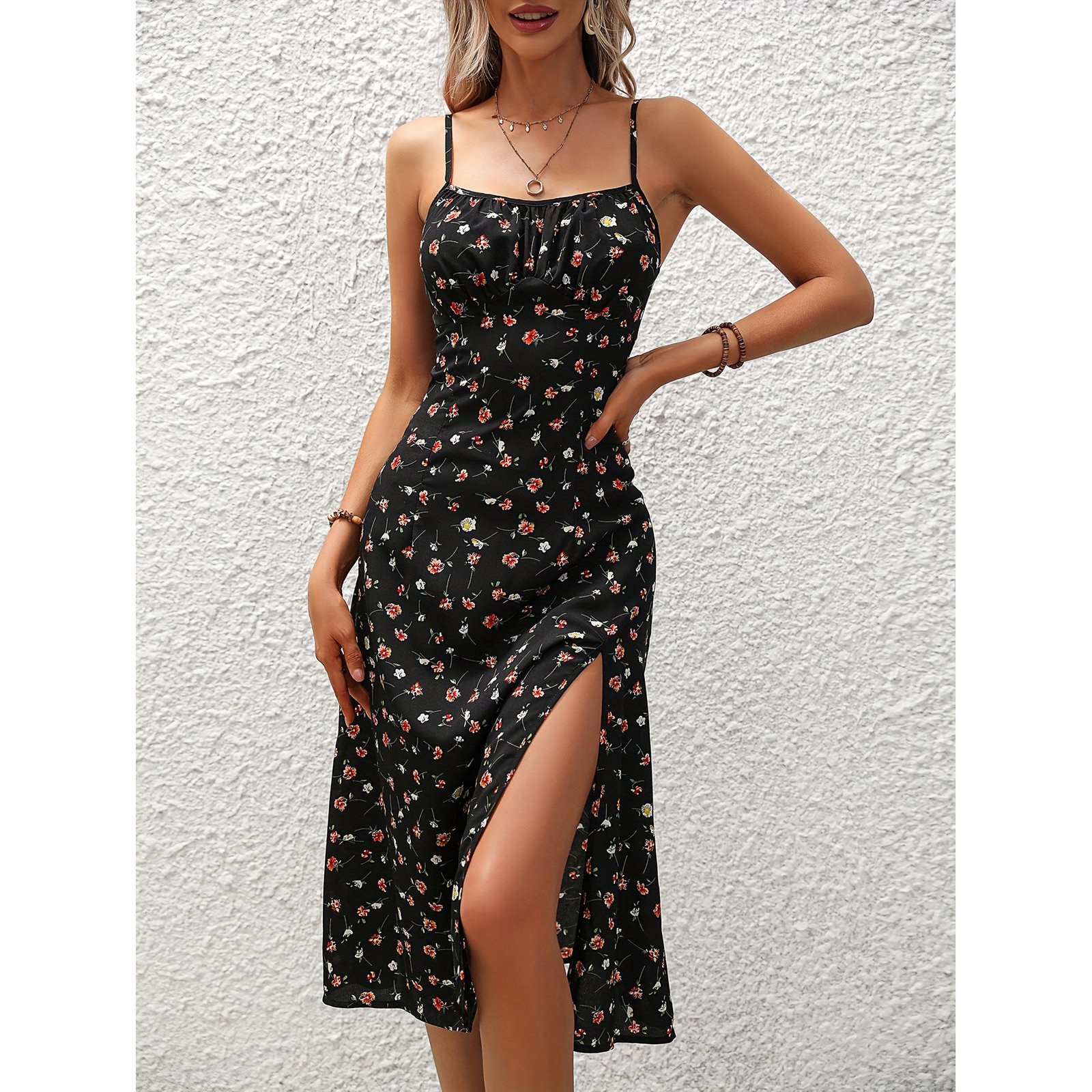 Red Polka Dot Cami Slit Midi Dress - Image 2