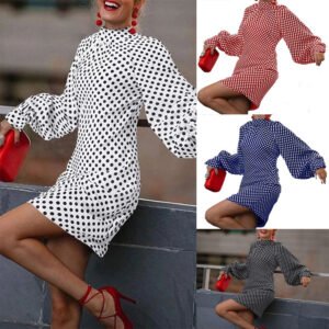 Navy Blue Polka Dot High Neck Long Sleeve Mini Dress