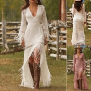 White Lace Fringe V Neck Maxi Dress