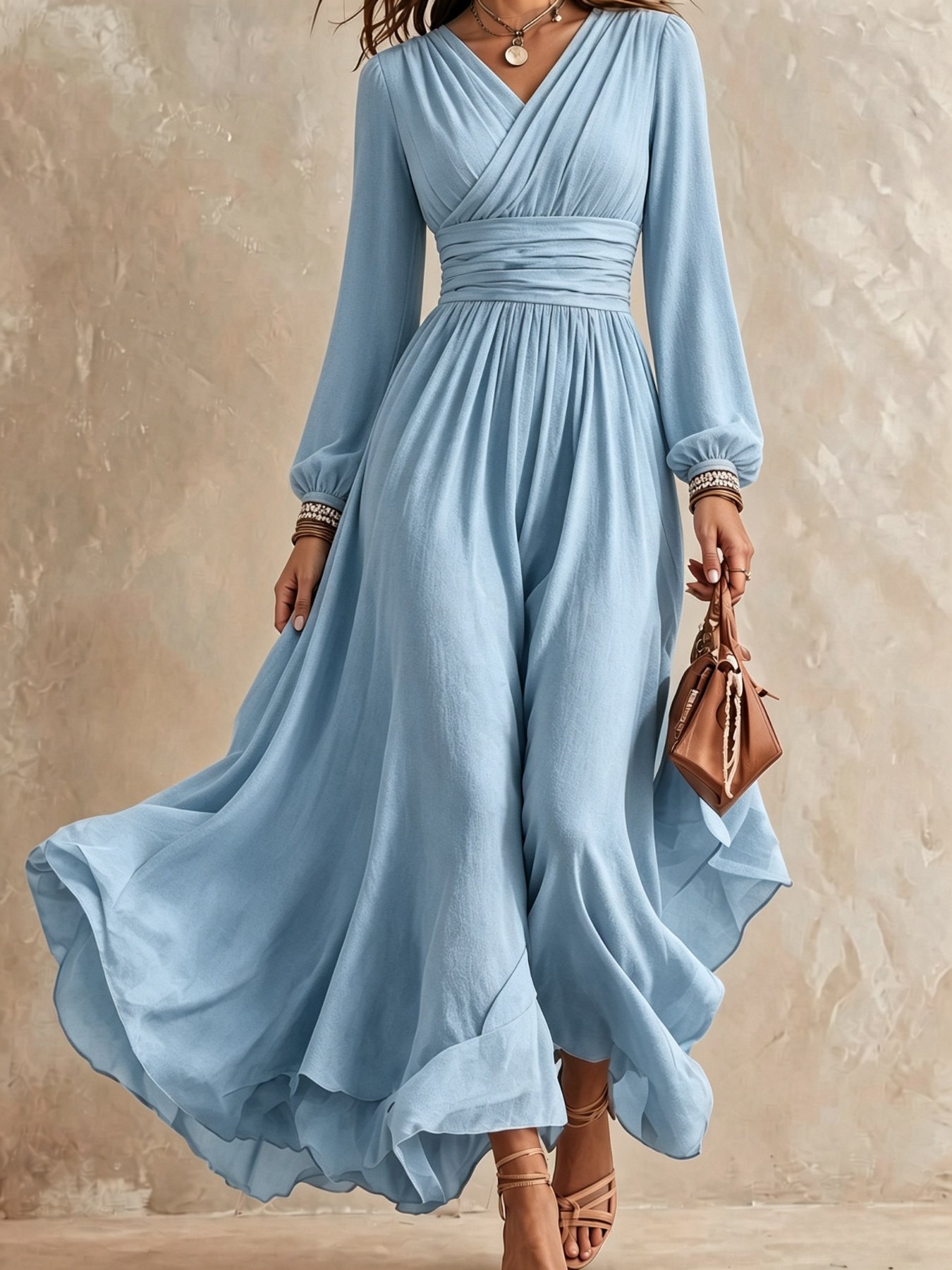 Emerald Green V Neck Long Sleeve Maxi Dress - Image 2