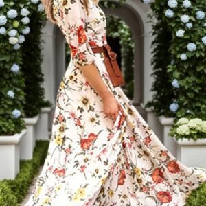 Cream Floral Crew Neck Half Sleeve Maxi Dress