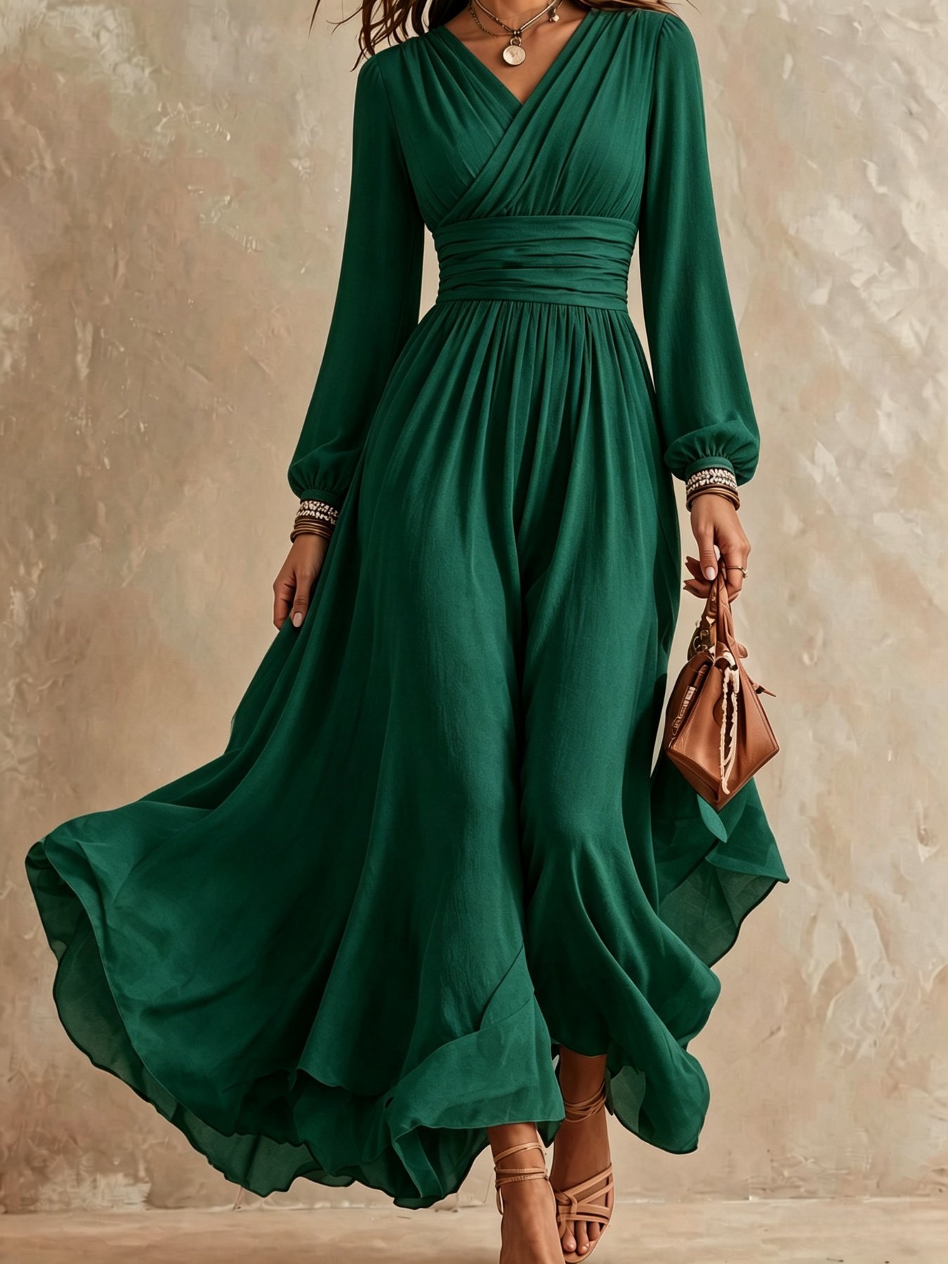 Emerald Green V Neck Long Sleeve Maxi Dress - Image 5