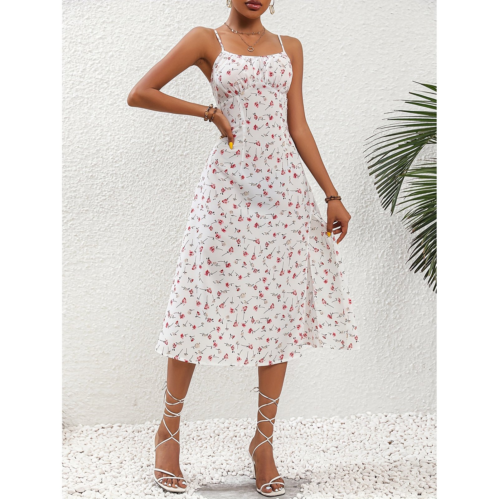Red Polka Dot Cami Slit Midi Dress - Image 5