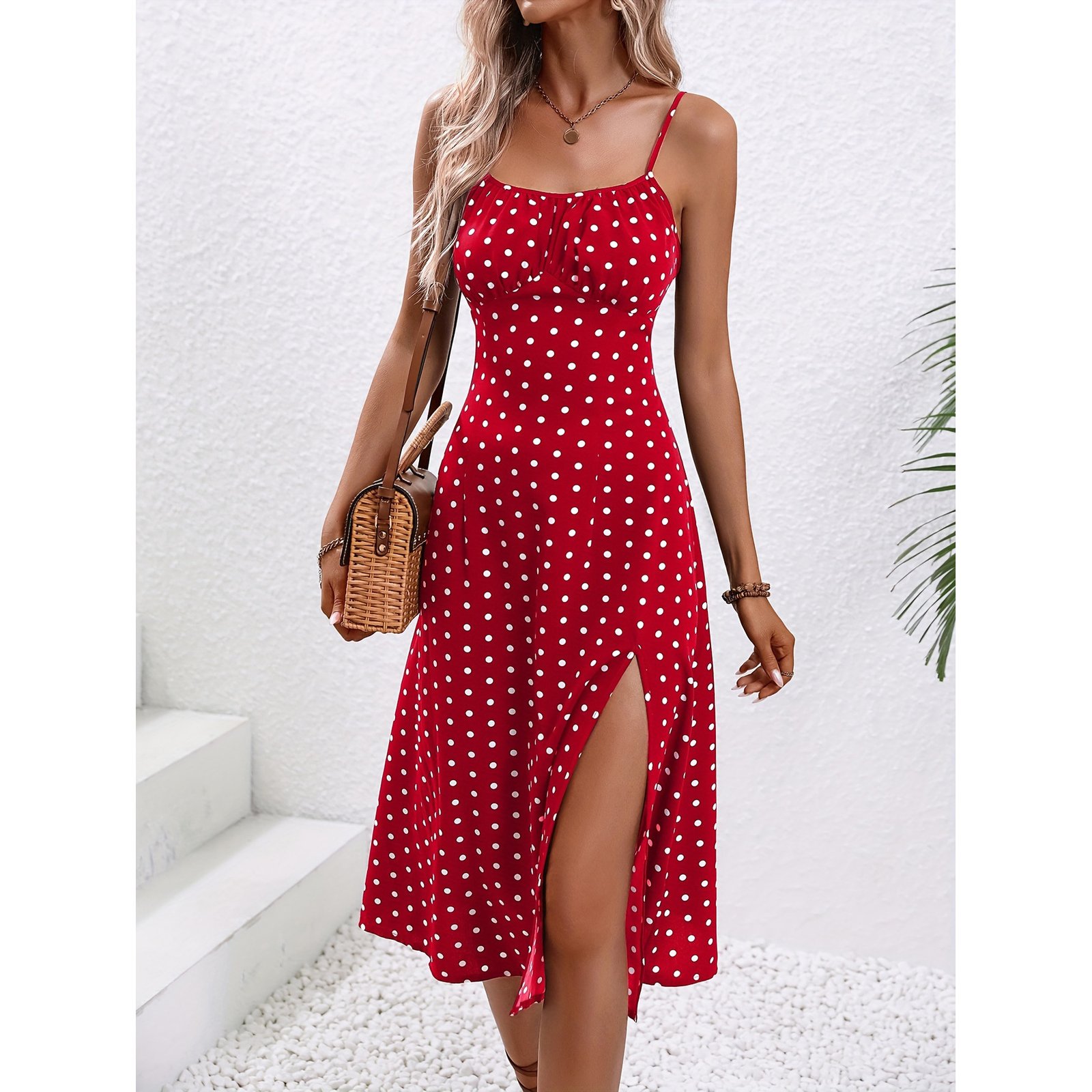 Red Polka Dot Cami Slit Midi Dress - Image 7