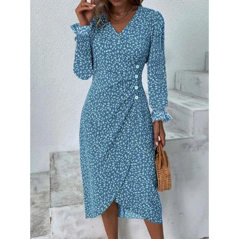 Green Floral V Neck Button Ruched Midi Dress - Image 11