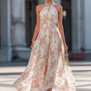 White Floral Halter Neck Pleated Maxi Dress