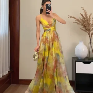 Yellow Watercolor Printed Cami Maxi Evening Dress