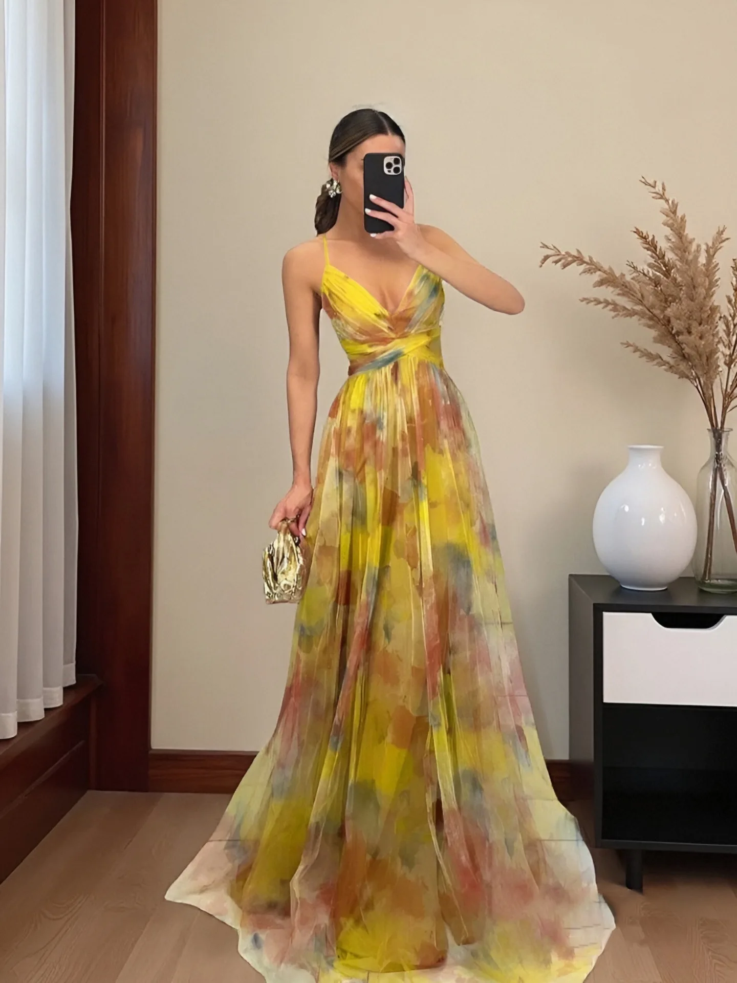 Yellow Watercolor Printed Cami Maxi Evening Dress