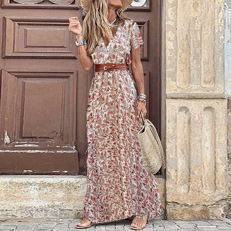 Boho Floral V Neck Belted Maxi Dress - Image 7